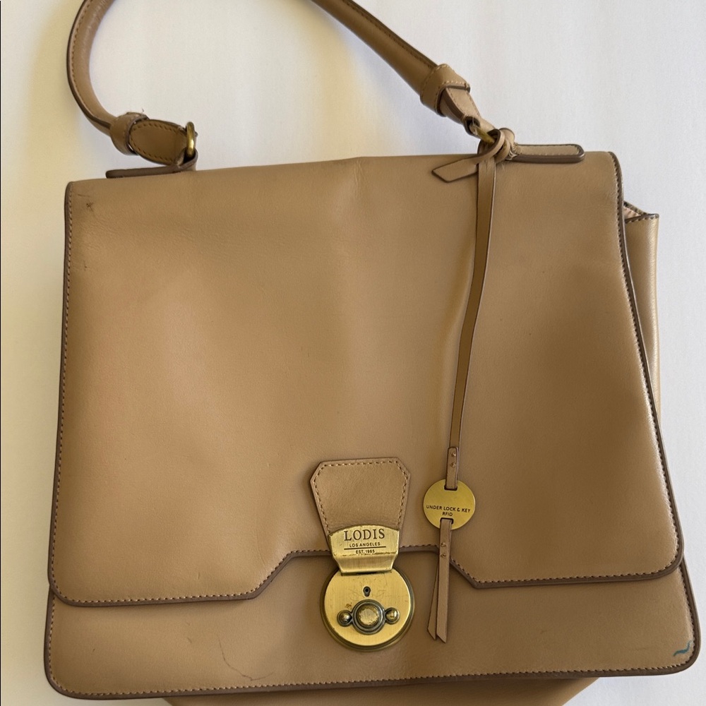 Lodis Beige Leather Satchel with Gold Accents